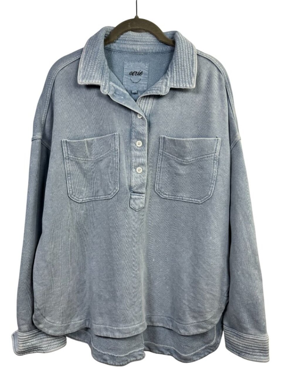 Aerie Blue Oversized Long Sleeve Popover Shirt Top Womens Small Pockets Shacket